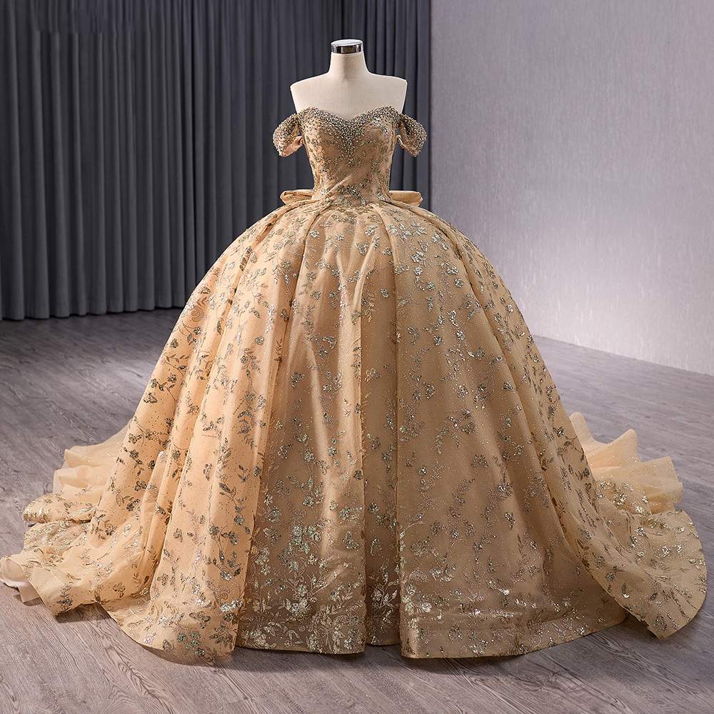 Jancember 241043 Crystal off Shoulder Golden Bow Puffy Ball Gown Evening  Dresses