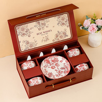 Ensemble de vaisselle en céramique Rose Queen en gros, 4 bols, 4 cuillères, 1 assiette avec boîte de luxe, cadeau de mariage, cadeau de pendaison de crémaillère, anniversaire