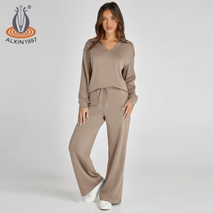 Completo Casual Alxin Personalizzato con Ricamo, Tuta con Polo e Pantaloni a Gamba Larga, <span class=keywords><strong>Abbigliamento</strong></span> <span class=keywords><strong>Donna</strong></span> in Maglia <span class=keywords><strong>Taglie</strong></span> Forti - Product Image 2
