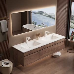 Mid ancient style rock slab seamless integrated basin intelligent <b>mirror</b> wall hanging bathroom cabinet - Product Image 5