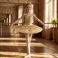 Gaun Tutu Balet Profesional Warna Emas untuk Anak Perempuan, Model Pancake Tutu untuk Pertunjukan & Kompetisi Swan Lake