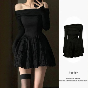 Off The Shoulder Black Dress Women Autumn Winter 2025 French Style Elegant Bodycon Short Skirt Solid Color Natural Waistline - Product Image 5