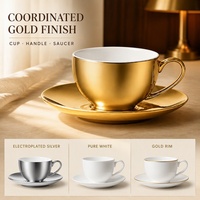 Ensemble tasse et soucoupe à café en or électroplaqué, vaisselle en porcelaine fine à intérieur blanc pour hôtel, restaurant, café, salon