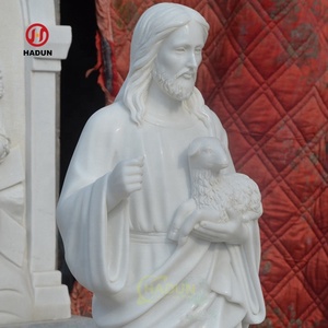 Sculpture religieuse catholique en marbre blanc, Saint François avec un loup - Product Image 4