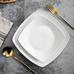 Assiette carrée en céramique blanche pure, assiette peu profonde en porcelaine pour hôtel, mariage, steak occidental, service de pâtes - Product Image 1