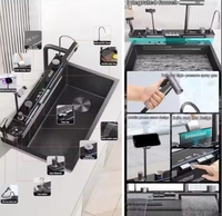 Ensemble d'évier de cuisine fait main, nouveau design, avec cascade intelligente, support de téléphone en acier inoxydable, cuve unique, trois trous