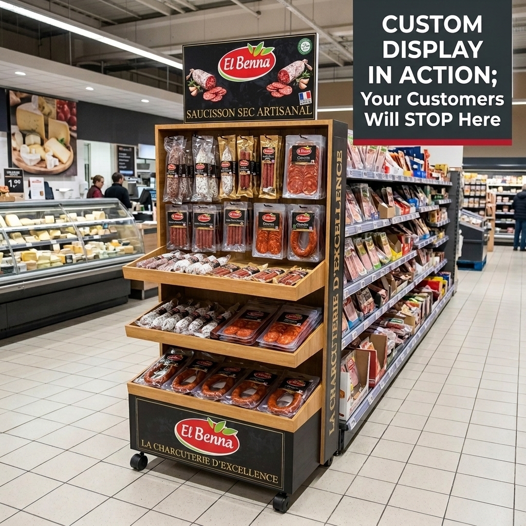 Wholesale Wooden Charcuterie Display Stand Floor Sausage Salami Saucisson Rack Vacuum Food Deli Merchandiser Slanted Shelf Hooks — view 2