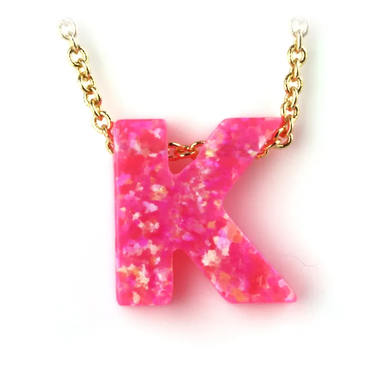 Letter K pendant silver gold plated brass chain A to Z jewelry artificial fire opal pink gemstone necklace for diy name