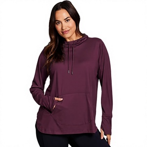 Women Burgundy Lightweight Hooded Pullover Casual <b>Mock</b> <b>Neck</b> Athletic <b>Top</b> Long Sleeve Performance Sweatshirt - Product Image 2