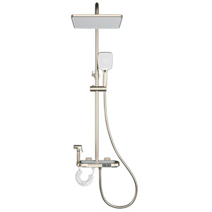Ensemble de douche carré à affichage numérique, finition or brossé, avec douche pluie domestique, robinets thermostatiques et barre coulissante murale - Product Image 5