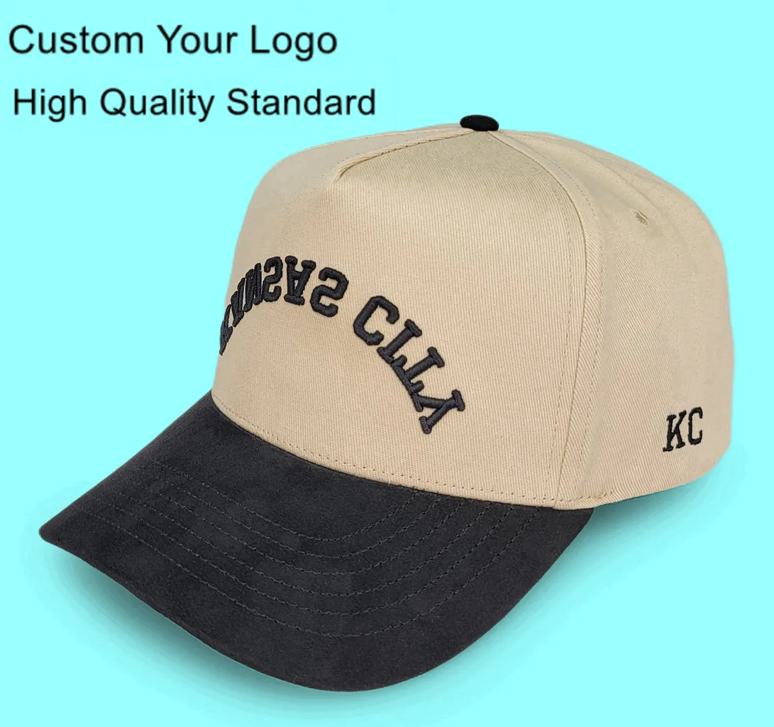 Customize 3D Embroidery Embroidered Two Tone Snap Back Crown Cap Brown Baseball Hat With Logo  Mens 5 Panel A Frame Baseball Cap
