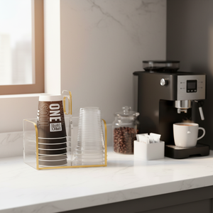 Organizzatore di Lusso in Acrilico per Tazze con Dettagli Dorati, Espositore a 2 Scomparti per Bicchieri Monouso, Stazione Caffè, Piano Cucina - Product Image 6
