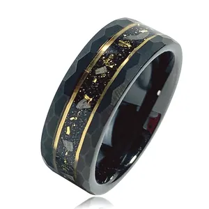 OEM ODM 8mm Hammered Tungsten Carbide Ring Inlay Meteorite Glitter for Men Fashion Wedding Band Black and Gold Rings Jewelry
