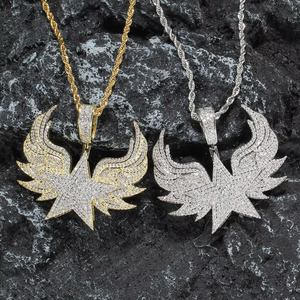 Large Winged Star Pendant, Copper CZ Encrusted Star Necklace, Hip Hop <b>Iced</b> Out Jewelry - Product Image 1