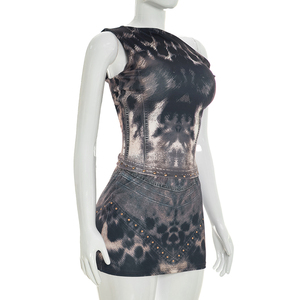 Viviblook J26ST212 Ensemble d'été pour femmes, nouveau haut sans manches à épaules dénudées, mini-jupe moulante, imprimé léopard, ensemble deux pièces - Product Image 2