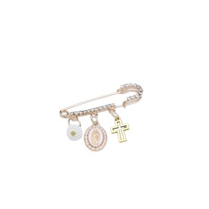 Broche de sécurité catholique avec perle, médaille <span class=keywords><strong>miraculeuse</strong></span> et croix, broche de baptême pour bébé en strass, cadeau pour l'église - Product Image 4