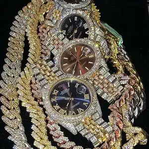Großhandel Hip Hop Luxus Quarzuhren Set 18 Karat Gold Cuban Link Chain Armband Halskette Uhr Herren Schmuck