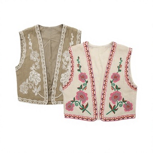 Gilet bohème brodé floral pour femme, col en V, décontracté, fait main en coton, vêtement d'extérieur - Product Image 2