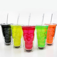 Gobelet en plastique à double paroi 16oz Led Halloween avec couvercle et tasse crâne en plastique paille