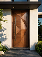 Porte d'entrée en bois grainé avec poignée triangulaire géométrique en bronze, porte d'entrée moderne pour villa, appartement ou maison