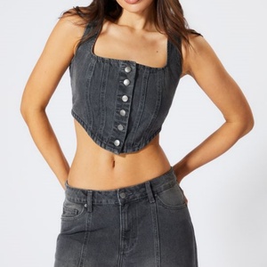 New Arrival Vintage Washed <b>square</b> <b>Neck</b> Cropped <b>Tank</b> Button Down Denim Corset <b>Top</b> for Women - Product Image 1