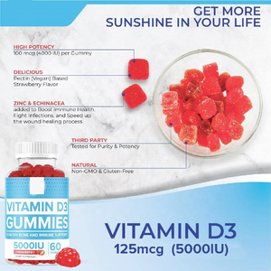 OEM suplemen makanan organik <span class=keywords><strong>5000</strong></span> <span class=keywords><strong>IU</strong></span> <span class=keywords><strong>Vitamin</strong></span> <span class=keywords><strong>D3</strong></span> Gummies untuk dukungan suasana hati imun sehat tulang kuat - Product Image 2
