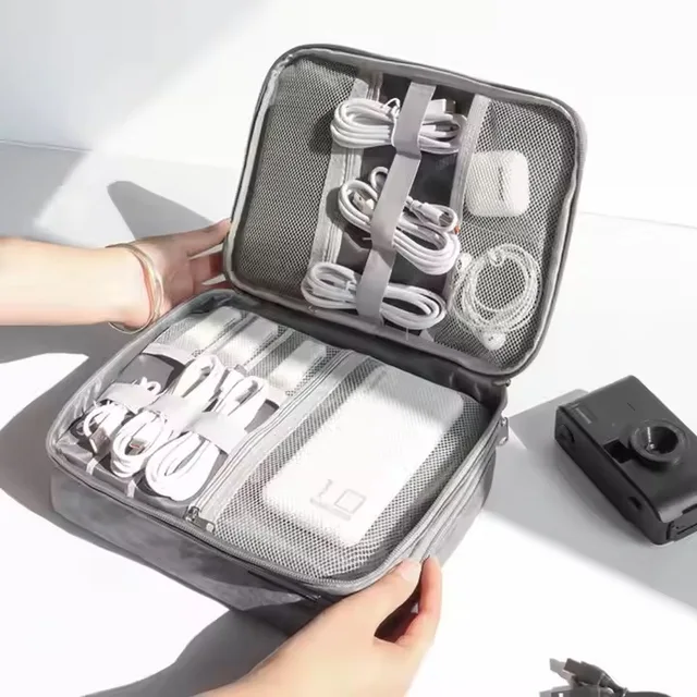 Custom Triple Layers Travel Data Cable Organizer Mobile Digital Electronics Accessories Carry Bag Waterproof Oxford Storage Case