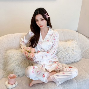 New Cute <b>Lace</b> Trim <b>Elastic</b> Waist Long Sleeve Pajama Set Soft Breathable Cartoon Print Lounge Wear Spring - Product Image 3