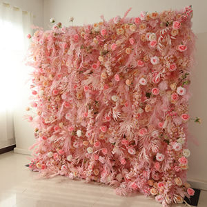 Nouveau 3d Roll Up Feuilles Tropicales Toile de Fond Panneau Rose Artificielle Rose <span class=keywords><strong>Pampa</strong></span> Herbe Fleur Mur Pour Mariage Événement Scène Déco - Product Image 1