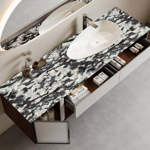Meuble de salle de bain de luxe en contreplaqué massif avec miroir LED intelligent, plan de travail en pierre frittée et tiroirs - Product Image 3