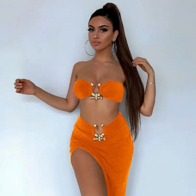 2022 Beste Verkoper Effen Kleur Zomer Kleding Set Side Slit Lange Rok Strapless Crop Top Vrouwen Rok Twee Delige Set