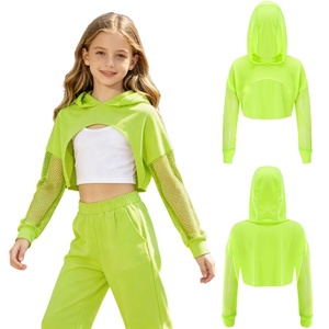 Haut court à capuche pour filles avec manches en maille, tenue de danse hip-hop streetwear, tenue de cheerleading, tenue de rue pour enfants, hip-hop pour enfants - Product Image 3