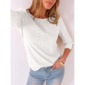 Chemisier à œillets pour femmes, manches 3/4 avec boutons, haut décontracté, chemise en popeline respirante, printemps-été, à porter au quotidien - Product Image 5