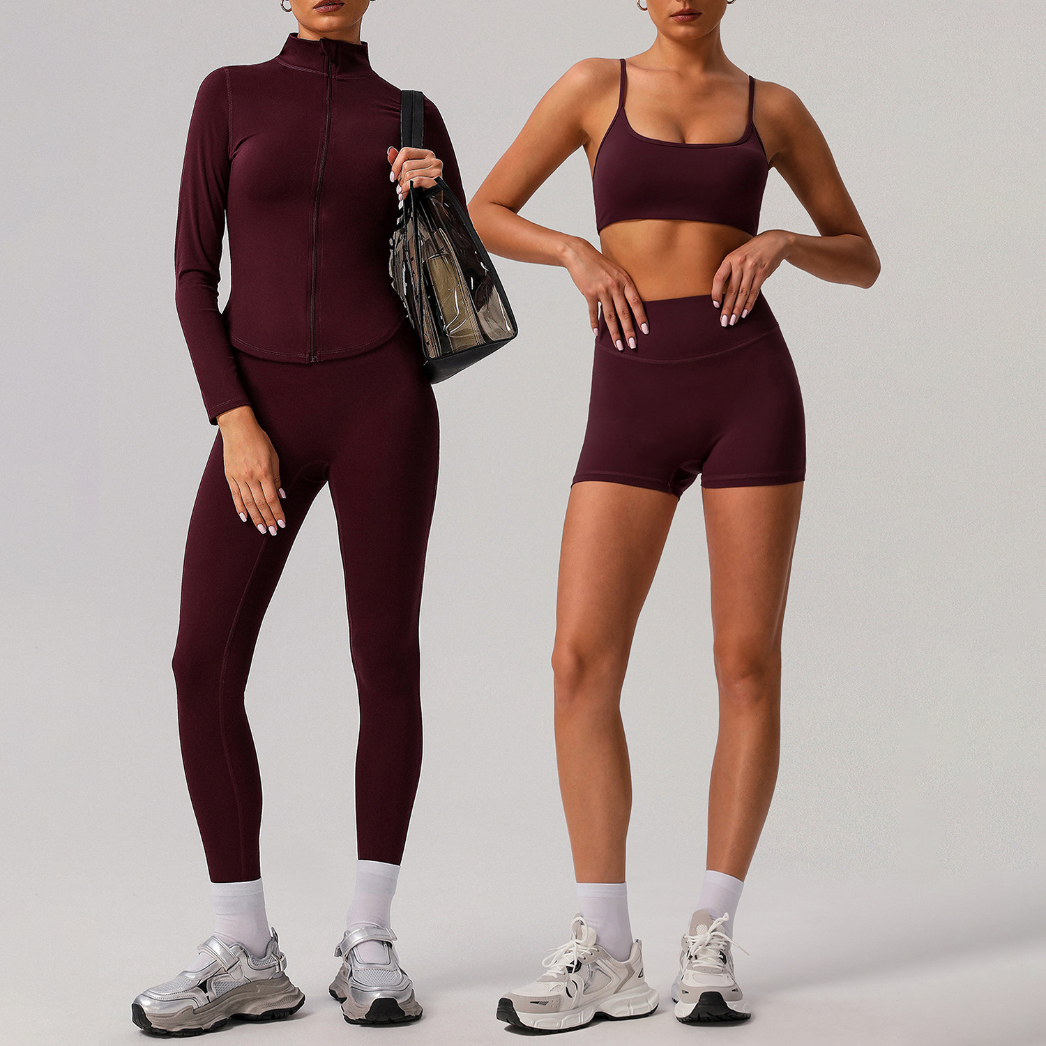 OEM Women Solid Front 5 Piece Gym Fitness Set Zipper Jacket Sports Bra Biker Shorts High Waist Yoga Leggings Activewear