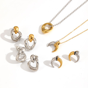 Geometric Moon Shape Stainless Steel Earrings And Necklace Set For Women Party Jewelry Fashionable <b>Titanium</b> Steel <b>Studs</b> - Product Image 3