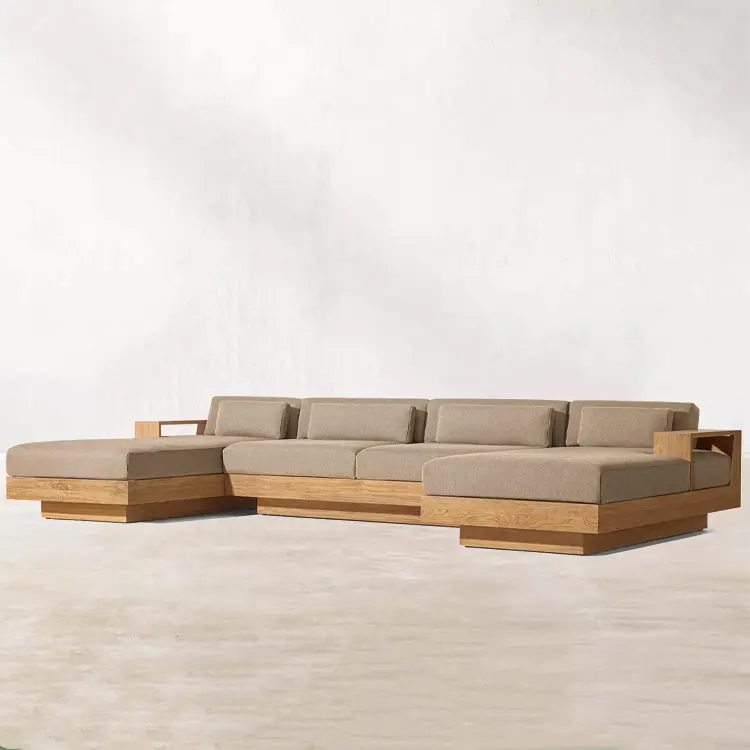 Muebles de exterior de teca, conjunto de sofá de madera maciza para exteriores, patio de Hotel, jardín de teca, sofá seccional en forma de U con Chaise