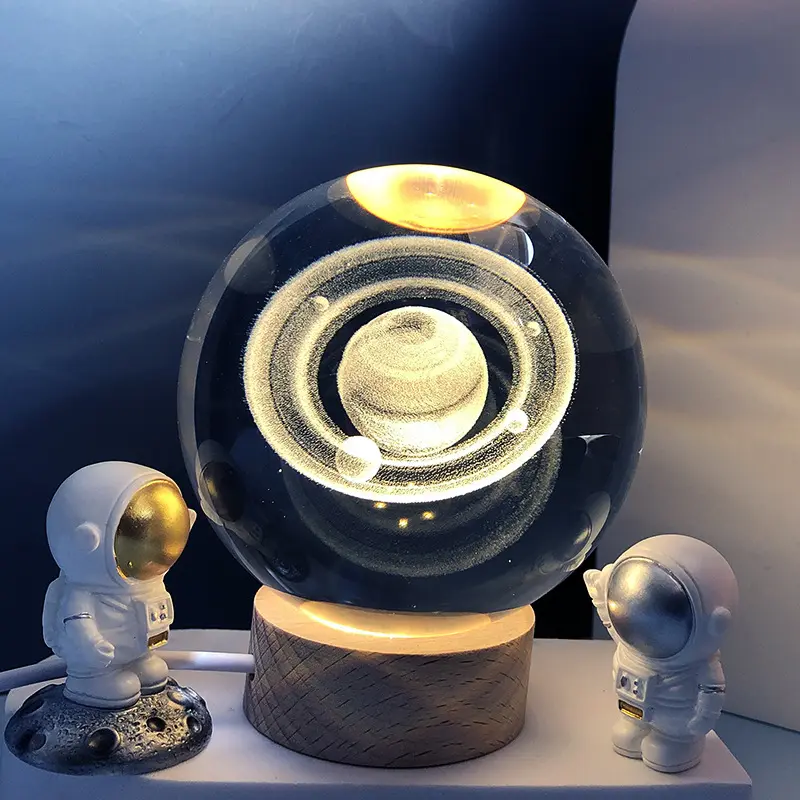 3D Engraved Crystal Galaxy Ball Ornament Night Light Glass Crystal Ball Ornament With Warm Wooden LED Light Base