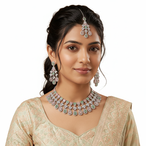 <b>Gold</b> Plated Alloy Pearl Bridal Shadow Choker Necklace <b>Set</b> Earrings Maang Tikka Ethnic Handmade High Quality Latest Designed Gift - Product Image 2
