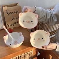 Ensemble bol et cuillère en céramique Happy Piggy Alien, vaisselle mignonne pour la maison, design esthétique de couleur sous-glaçure, pour filles