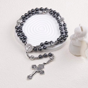 Collier de prière polyvalent en hématite de 8 mm, <span class=keywords><strong>chapelet</strong></span> religieux haut de gamme, collier de perles lourd et tendance - Product Image 5