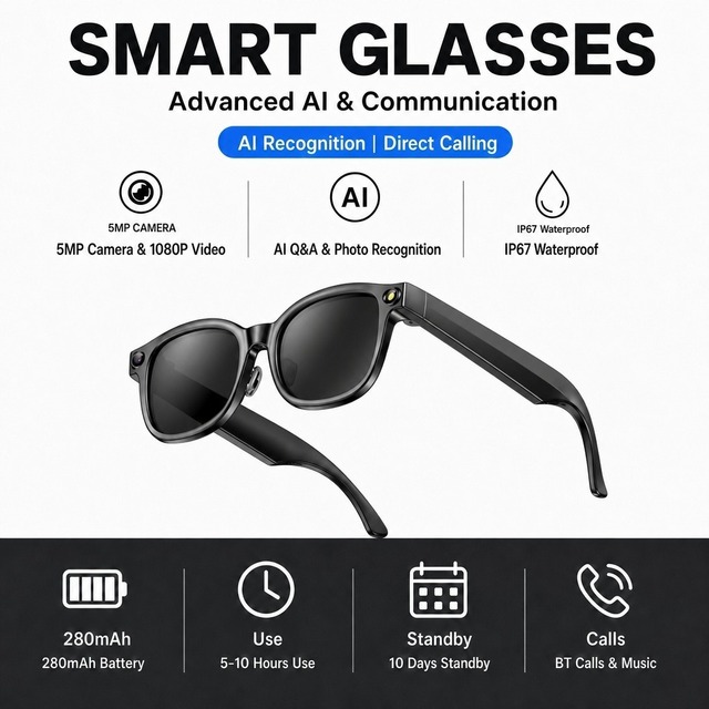 1080P Video 5MP Camera AI Assistant Real Time Translation WIFI Touch Control 280mAh Wearable Device AI Smart Glasses
