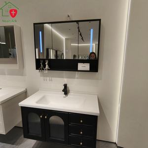 Puertas dobles de vidrio arqueado de estilo retro chino negro, encimera blanca, lavabo de cerámica, almacenamiento multi-espacio - Product Image 1