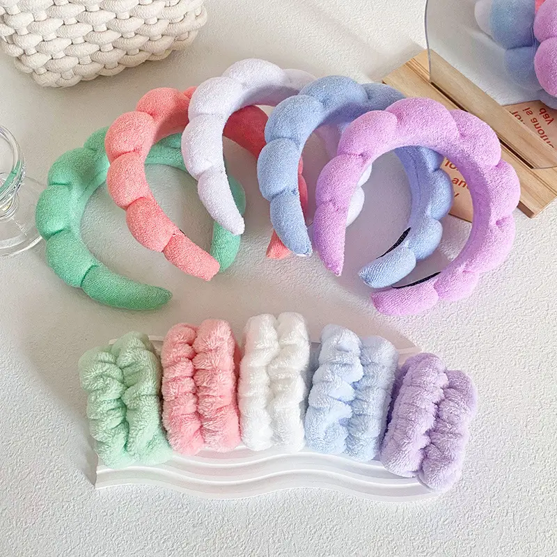 Hợp Thời Trang Tùy Chỉnh Spa Headband Cổ Tay Washband Rửa Mặt Rửa Bộ Co Giãn Xoắn Sợi Nhỏ Khăn Make up Cô Gái Tóc Headband Cho Phụ Nữ