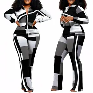 Geometrischer Druck Frauen Casual Matching Set Plus Size Zip Up Jacke & Wide Leg Pants Anzug Fashion Lady Zweiteiler Set