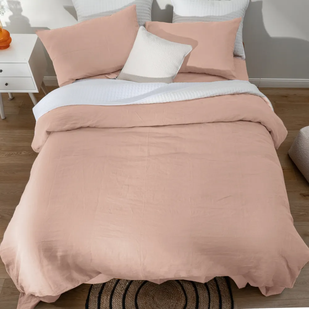 ขนาดเต็มชุดผ้าปูที่นอนสีทึบ 4 ชิ้นสีชมพูผ้าฝ้ายลินินธรรมชาติผสมนุ่มระบายอากาศบ้านไร่เครื่องนอนผ้านวมชุด
