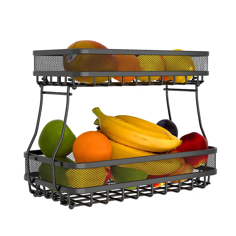 2 Tier Fruit Basket Vegetable Bread Basket Fruit Bowl Storage Stand Detachable Metal Rectangular Wire Basket