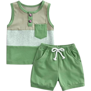 Ensembles de vêtements pour garçons, été, coton, trois couleurs, débardeur Henley, short à cordon de serrage, tenue pour bébé, <span class=keywords><strong>petit</strong></span> garçon, 2 pièces - Product Image 4