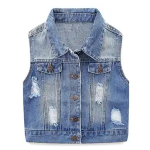 Chic Girls ärmellose Blue Jean Single Breasted Weste mit 2 gefälschten Taschen und stilvoller Knopf dekoration