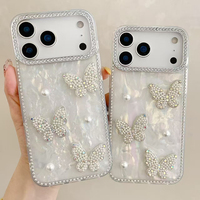 Coque de téléphone antichoc de luxe effet marbre pailleté avec motif coquillage et papillon, miroir intégré, pour iPhone 15/14 Pro/13/12/11 Pro Max/17 Pro Max, MOQ 500