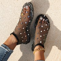 Sandales plates pour femmes grande taille, style claquettes, en résille ornée de strass et de pierres brillantes